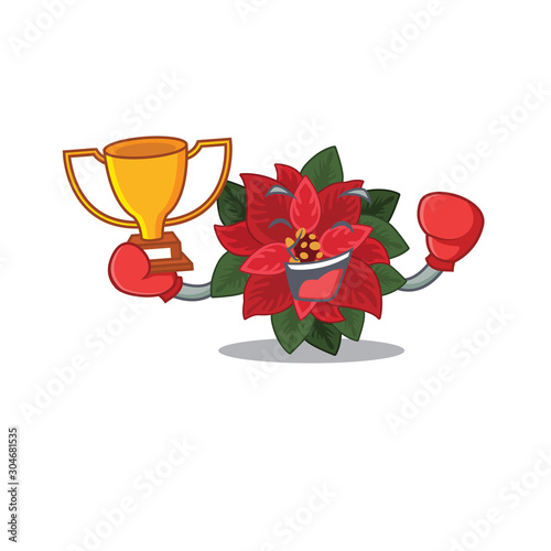 Mascot flower poinsettia with in boxing winner character