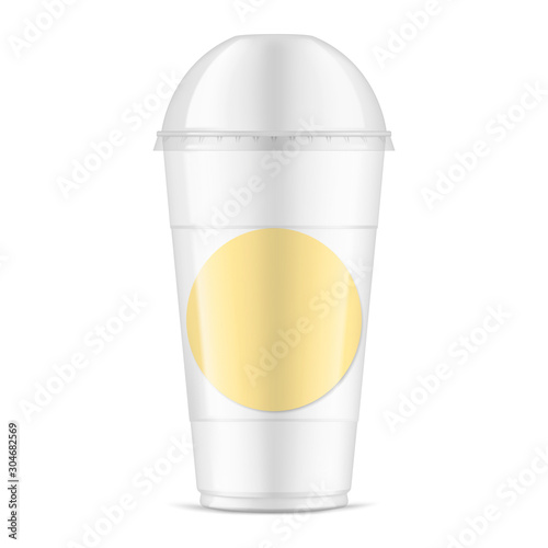 Clear glossy plastic cup with dome lid and blank round label sticker, vector mockup. Empty disposable takeaway drink container, vector template for brand design