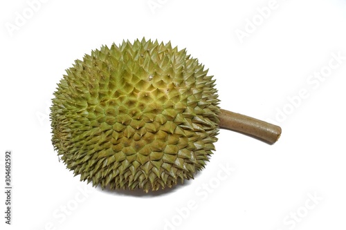 Top view of durian fruit isolated on white background, Tropical fruit, copy space (Malvaceae, Durio, Bombacaceae, Phuang Mani)