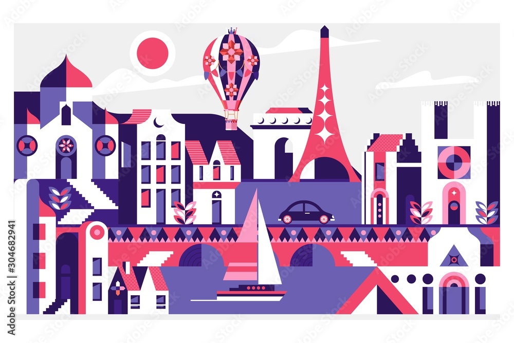 Travel poster with Paris, France famous landmarks.Flat vector illustration