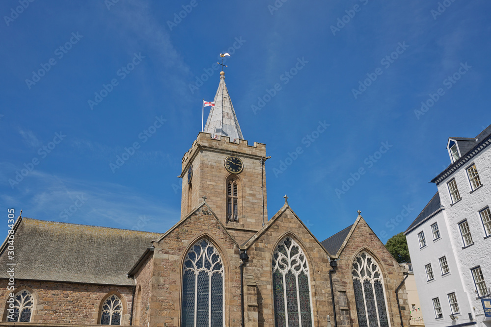 The Town Church is also known as the Parish Church of St Peter Port in Guernsey during Sunny day with blue sky