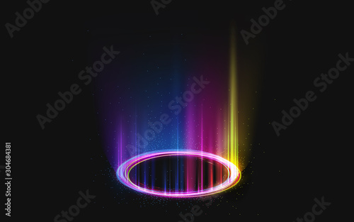 Magic rainbow portal on night scene. Neon circle digital hologram with colored light rays and sparkles. Realistic beam stage. Glowing futuristic teleport. Shining podium isolated on black background