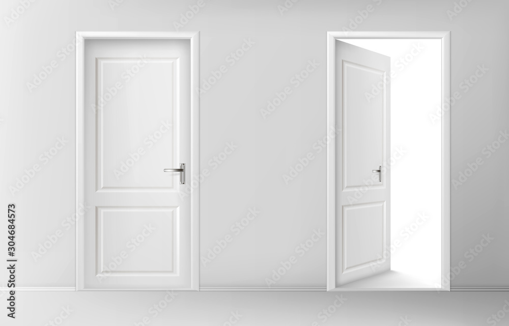 White wooden doors. Vector set of realistic closed and open doors with chrome handles in interior. Conceptual illustration for welcome, invitation to enter or new opportunity White wooden doors. Vector set of realistic closed and open doors with chrome handles in interior. Conceptual illustration for welcome, invitation to enter or new opportunity