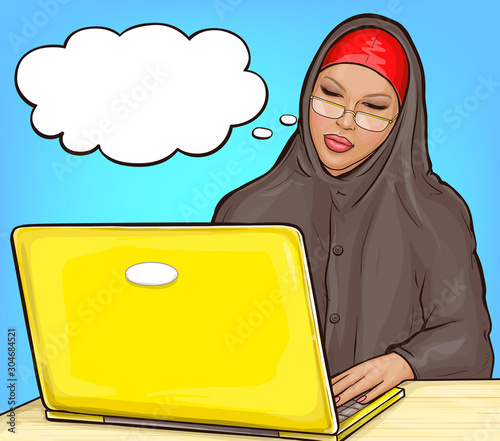 Arabic woman in hijab working on yellow laptop. Muslim business woman in traditional clothes typing on computer keyboard. Vector pop art illustration of girl in eyeglasses with speech bubble
