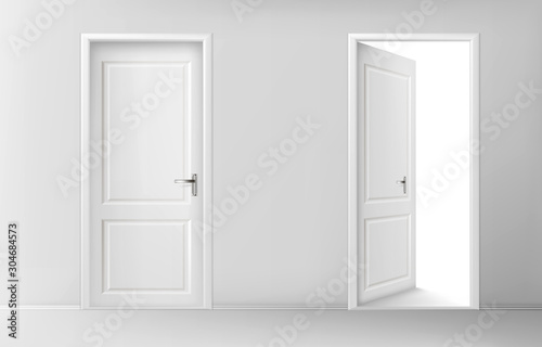 Fototapeta Naklejka Na Ścianę i Meble -  White wooden doors. Vector set of realistic closed and open doors with chrome handles in interior. Conceptual illustration for welcome, invitation to enter or new opportunity