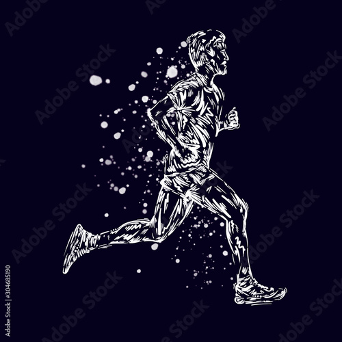 Running marathon, people run, colorful poster illustration man sketch hand drawing sport