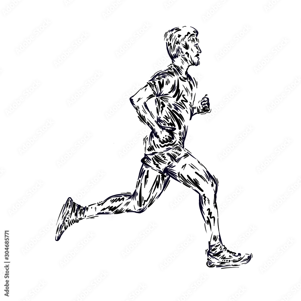 Running marathon, people run, colorful poster illustration man sketch hand drawing sport