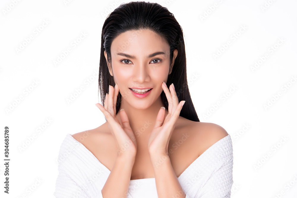 Beautiful young Asian woman touching soft cheek and smile with clean and fresh skin. Happiness and cheerful with, on white background, Beauty and Cosmetics Concept, Beautiful young Asian woman touching soft cheek and smile with clean and fresh skin. Happiness and cheerful with, on white background, Beauty and Cosmetics Concept,