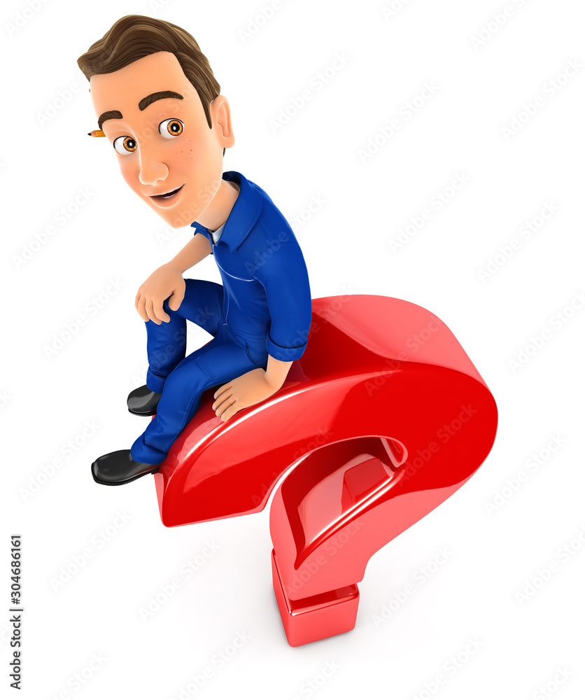 3d mechanic sitting on top of question mark 3d mechanic sitting on top of question mark