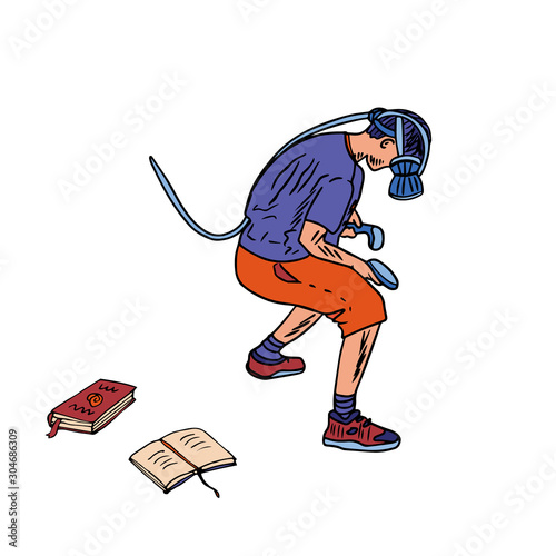 Boy playing a virtual reality game. He threw books on the floor because he isn't interested studying. Video game addiction concept. Hand drawn vector illustration isolated on white background