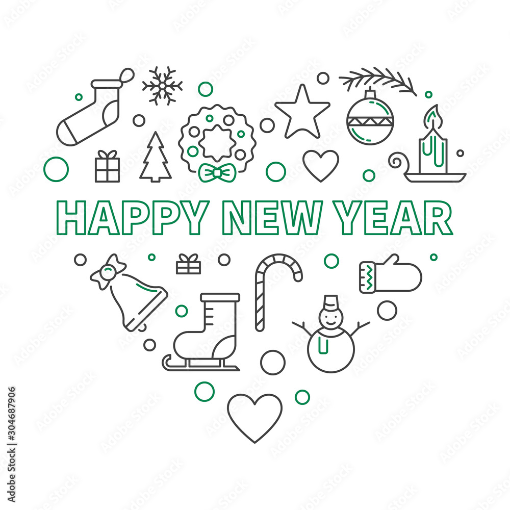 Fototapeta premium Happy New Year Heart vector outline concept minimal illustration or greeting card