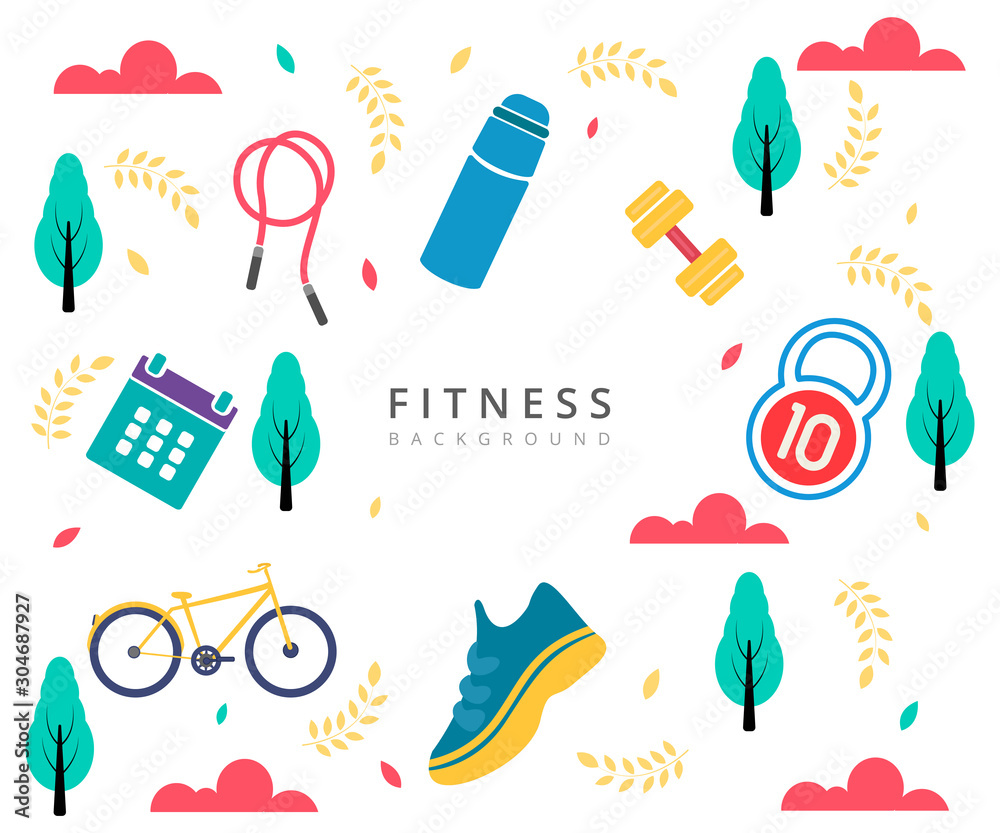 Fitness and diet pattern background with healthy lifestyle icons