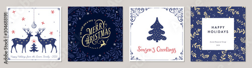 Ornate Merry Christmas greeting cards. Trendy square Winter Holidays art templates.