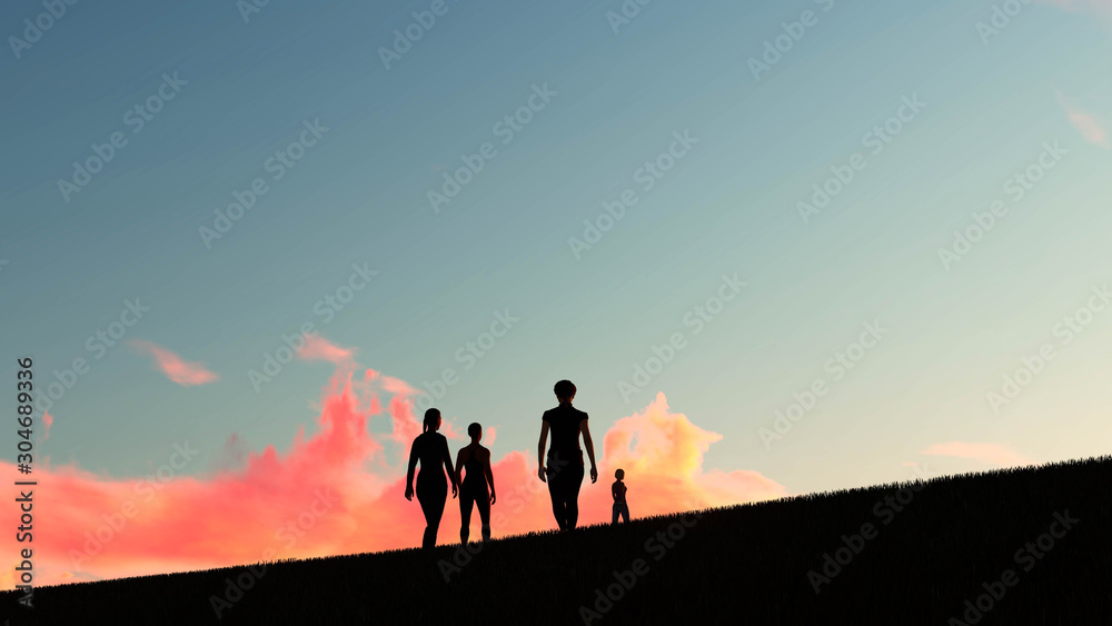 Fototapeta premium People Silhouette at Sunset 3D Rendering