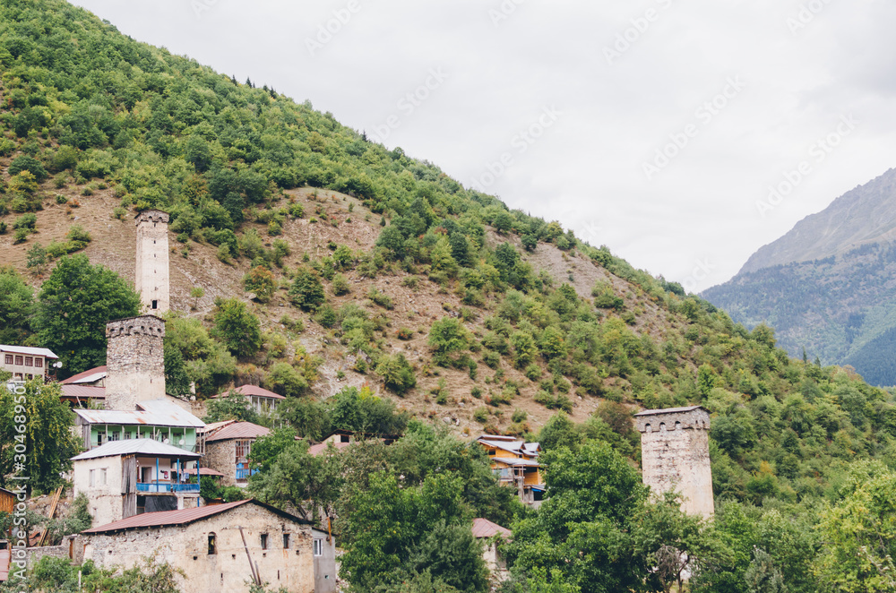 Mountain village with towers. Mestia, Svaneti, Georgia