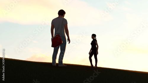 falling in love silhouette at sunset 3D Rendering