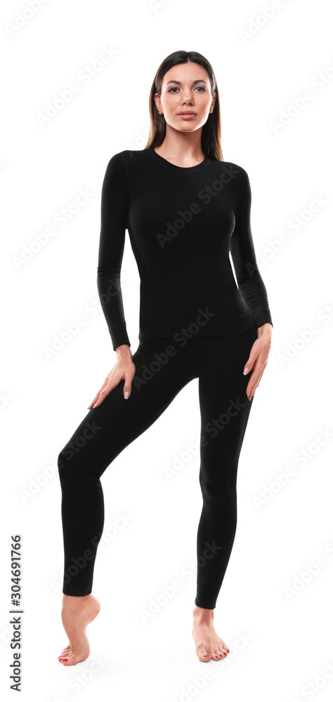 Woman wearing thermal underwear isolated on white Woman wearing thermal underwear isolated on white