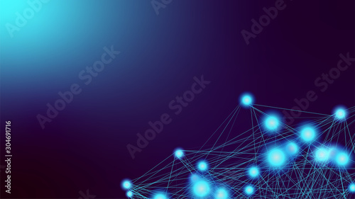 AI background. Neural network concept backdrop. Dark blue gradient with glowing neurons and connections between. Futuristic modern look. Template for banner or presentation. Stock vector illustration