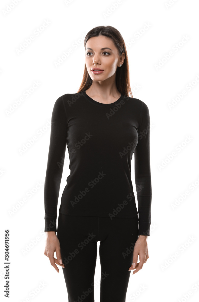 Woman wearing thermal underwear isolated on white Woman wearing thermal underwear isolated on white
