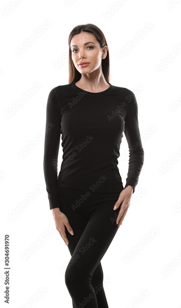 Woman wearing thermal underwear isolated on white Woman wearing thermal underwear isolated on white