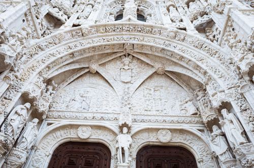 Lisbon, Portugal ornate south portal of the Jeronimos Monastery  by João de Castilho. The monastery is one of the most prominent examples of the Portuguese Late Gothic Manueline style.