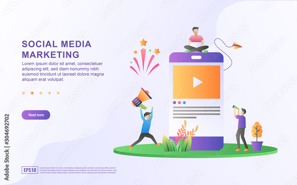 Social media marketing illustration concept. Digital marketing, refer a friend on social media, sharing or writing comments. Suitable for web landing page, marketing material, mobile app, web banner.