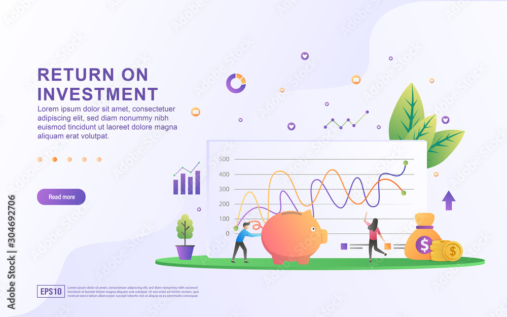 Obraz premium Return on investment illustration concept. People managing financial chart, profit income, Financial growth rising up to success. Suitable for web landing page, marketing, mobile app, web banner.