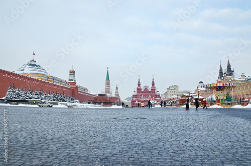 Moscow, Russia - February 8, 2018: Winter view of Red square, Moscow Kremlin, Historical Museum and GUM building