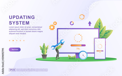 Updating system illustration concept. System Update Improvement Change New Version software, data synchronize process and installation program. Suitable for web landing page, mobile app, web banner.