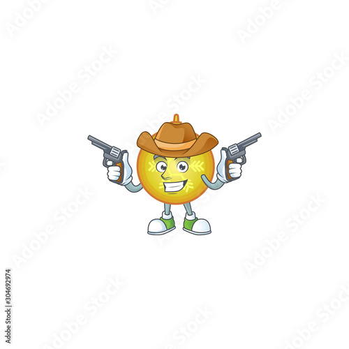 Yellow christmas ball dressed as a cowboy holding guns.