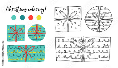 Coloring page outline of cartoon cute christmas presents, gifts. Monochrome and colored versions. Coloring book for kids. Vector drawing.
