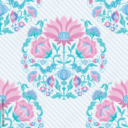 Tradition mughal motif, fantasy flowers in retro, vintage style. Seamless pattern, background. Vector illustration. On blue stripes background..