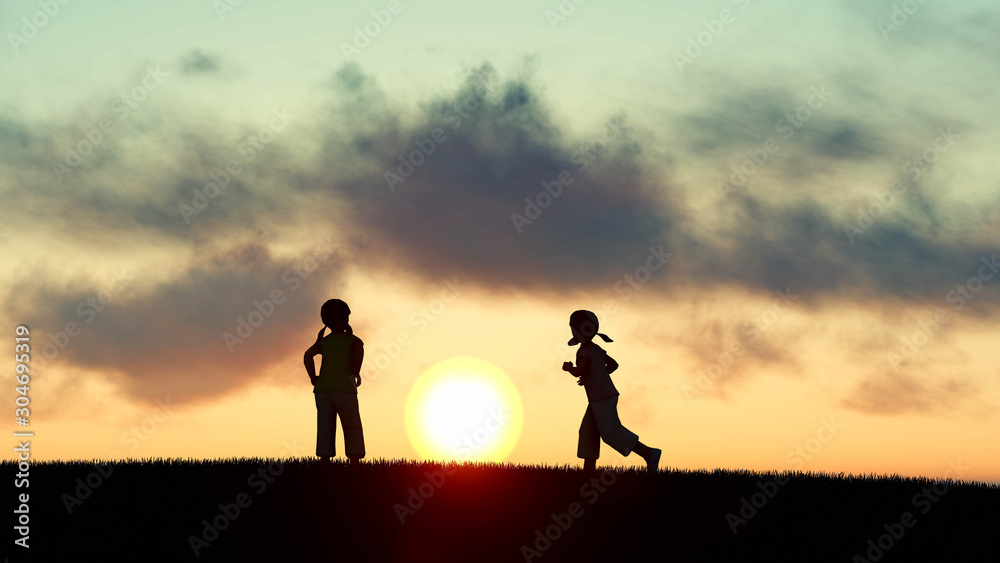 Children at sunset 3D Rendering Children at sunset 3D Rendering