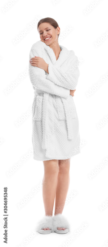 Young woman in bathrobe on white background Young woman in bathrobe on white background