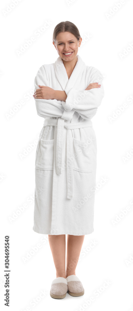 Young woman in bathrobe on white background Young woman in bathrobe on white background