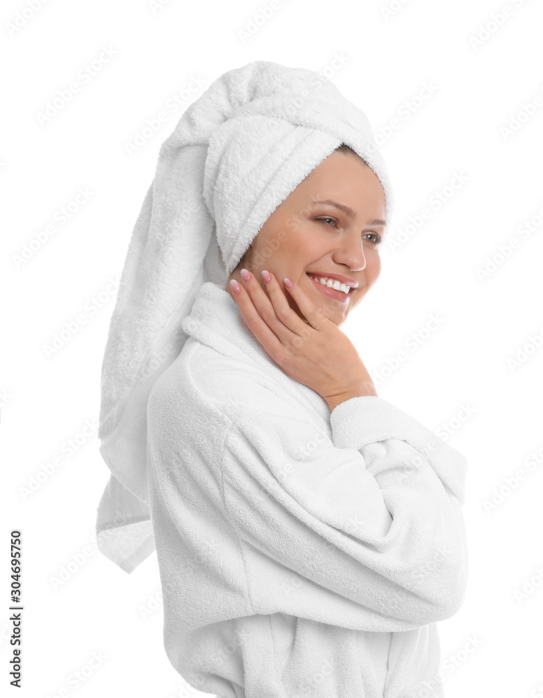 Young woman in bathrobe on white background Young woman in bathrobe on white background