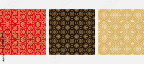 Vector set of seamless wallpaper backgrounds in Chinese and Japanese style. Three Chinese art templates for your design: greeting cards, flyers, invitations, posters, brochures, banners.