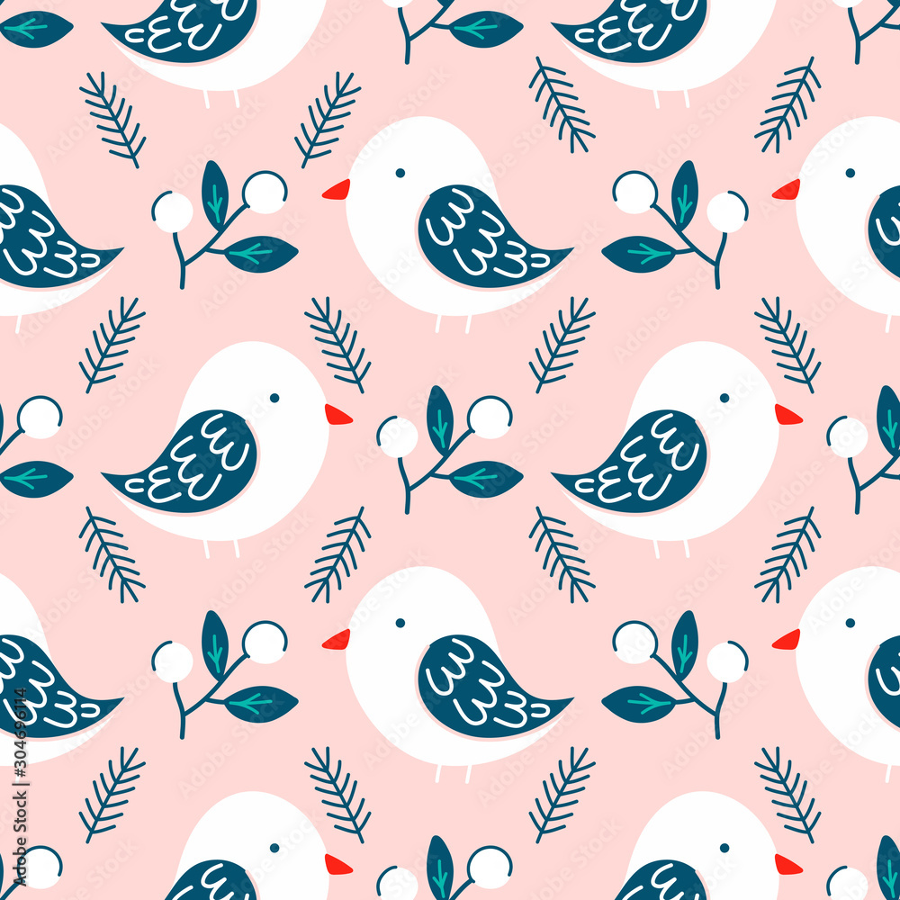 Fototapeta premium Robin bird seamless pattern design, vector illustration. Hand drawn style.