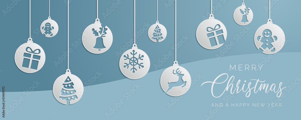 Blue christmas tree balls vector background with icons