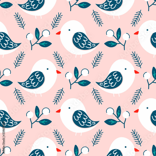 Robin bird seamless pattern design, vector illustration. Hand drawn style.