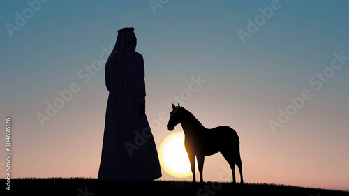 Man With Horse at sunset 3D Rendering