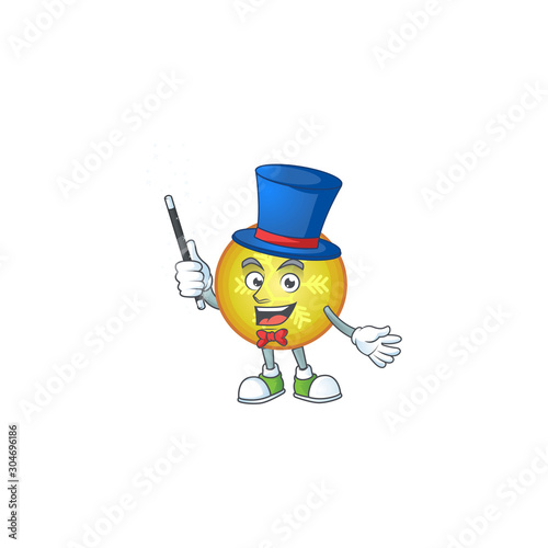 Character magician with yellow christmas ball cartoon.