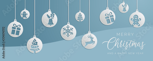 Blue christmas tree balls vector background with icons