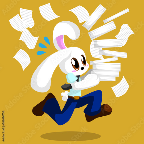 Running bunny worker that hold the paper sheets in his hand