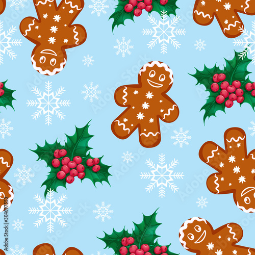 Seamless vector Christmas pattern with ginger man and holly berries on a blue background with snowflakes. Festive winter background.