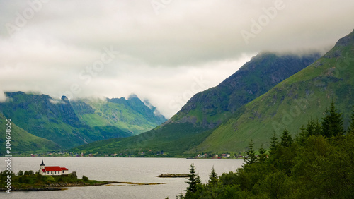 Fjord landscape with church. Lofoten Norway