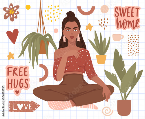 Vector stickers set with beautiful girl, home plants, sweet home hand written text.