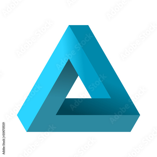 Impossible triangle. Penrose optical illusion. Blue gradient endless triangular shape. Abstract infinite geometric object. Impossible eternal figure. Isolated on white background. Vector illustration. photo