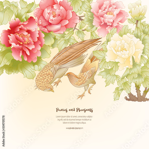 Peony tree branch with flowers with pheasants in the style of Chinese painting on silk Template for wedding invitation, greeting card, banner, gift voucher, label. Colored vector illustration..