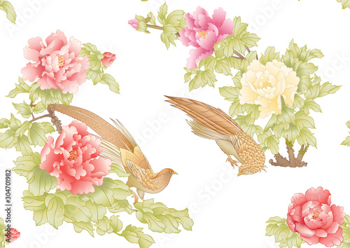 Peony tree branch with flowers with pheasants in the style of Chinese painting on silk Seamless pattern, background. Colored vector illustration. Isolated on white background..